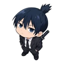 Aki Hayakawa cursor: chibi Aki with his topknot, sticker style