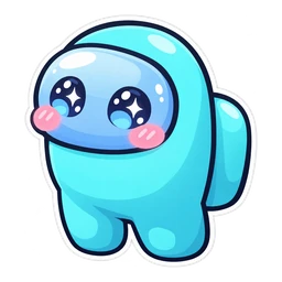 Among Us Mini Crewmate cursor: tiny cyan mini-crewmate pet, kawaii chibi sticker style