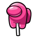 Pink Lollipop Crewmate cursor: glossy pink Among Us crewmate as a lollipop on a white stick, bold sticker style