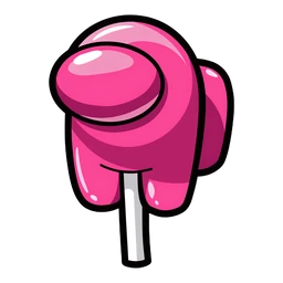 Pink Lollipop Crewmate cursor: glossy pink Among Us crewmate as a lollipop on a white stick, bold sticker style