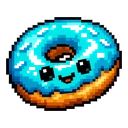 Aqua Donut Buddy cursor: pixel art donut with bright cyan icing, white sprinkles and a cute smiling face
