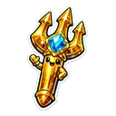 Auric Trident Guardian cursor: smiling golden trident with a blue gem at its centre and two small arms, sticker style
