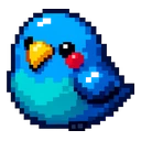 Azure Pixel Parakeet cursor: plump blue pixel art parakeet with an orange beak, red cheek spot and teal belly