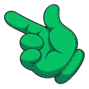Bindle Boogie Cursor hover pointer: green stitched plush hand pointing up-left with its index finger