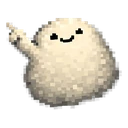 Bone Pebble Pixel hover pointer: soft cream pixel art pebble with a smile, raising a stubby arm to point up-left
