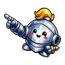 Brave Helm Buddy hover pointer: silver knight helmet character with a yellow plume, armoured hand pointing up-left