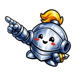 Brave Helm Buddy hover pointer: silver knight helmet character with a yellow plume, armoured hand pointing up-left