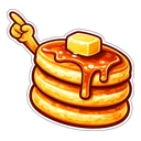 Buttery Pancake Stack hover pointer: golden pancake stack with butter and syrup, a small hand pointing up-left