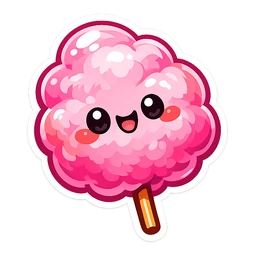 Coral Cotton Fluff cursor: smiling pink candyfloss puff with rosy cheeks on an orange stick, sticker style