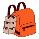 Delivery Pack Duo cursor: orange courier backpack with three stacked cardboard parcels beside it, flat style