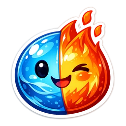 Ember Droplet cursor: round smiling character split down the middle, blue water on the left and orange flame on the right