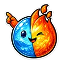 Ember Droplet hover pointer: half blue water, half orange flame character with an orange hand pointing up-left