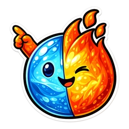 Ember Droplet hover pointer: half blue water, half orange flame character with an orange hand pointing up-left