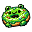 Froggy Sprinkle Donut cursor: pixel art doughnut with green frog-face icing, frog eyes, small feet and coloured sprinkles