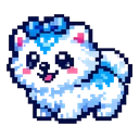 Frostpuff Pixel Pup cursor: fluffy white pixel art puppy with icy blue markings, a blue bow and pink cheeks