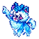 Frostpuff Pixel Pup hover pointer: the same white and blue pixel puppy standing and raising a paw to point up-left