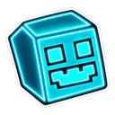 Geometry Dash Neon cursor: the cube icon in neon cyan, neon sticker style
