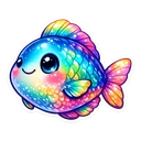 Glimmerfin Fish cursor: plump rainbow fish with blue, pink and gold scales, a big eye and a smile, sticker style