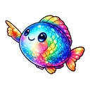 Glimmerfin Fish hover pointer: plump rainbow fish smiling and stretching an orange fin to point up-left