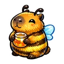Honeycapy Bee cursor: chubby capybara with yellow and brown bee stripes, antennae and blue wings, holding a honey jar