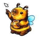 Honeycapy Bee hover pointer: the same bee-striped capybara holding a honey jar, one paw pointing up-left at a small arrow