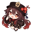 Hu Tao cursor: chibi Hu Tao in her porkpie hat, sticker style