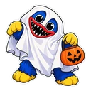 Huggy Wuggy Halloween cursor: chibi Huggy Wuggy under a ghost sheet, sticker style