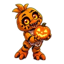 Jack-O-Chica cursor: chibi Jack-O-Chica with a glowing pumpkin, sticker style