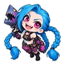 Jinx cursor: chibi Jinx with long blue braids, sticker style