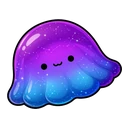 Kawaii Cosmic Jellyfish cursor: glossy purple and blue galaxy jellyfish with a cute face and white star speckles