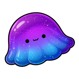 Kawaii Cosmic Jellyfish cursor: glossy purple and blue galaxy jellyfish with a cute face and white star speckles