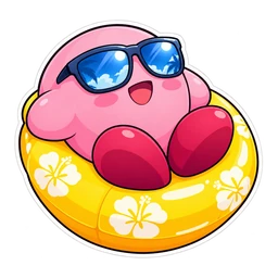 Kirby Summer cursor: chibi Kirby in sunglasses on a pool float, sticker style