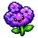 Lilac Bloom Pixel cursor: pixel art purple lilac blossom with a happy face on a green stem with two leaves