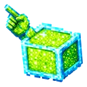 Lime Candy Cube hover pointer: pixel art lime green cube with blue edges and a green pixel hand pointing up-left