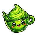 Matcha Froth Buddy hover pointer: smiling green teacup with a froth swirl and a small green hand pointing up-left