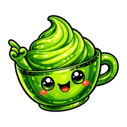 Matcha Froth Buddy hover pointer: smiling green teacup with a froth swirl and a small green hand pointing up-left