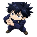 Megumi Fushiguro cursor: chibi Megumi making a shadow sign with his hands, sticker style