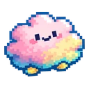 Misty Puff Pixel cursor: pixel art cloud in pastel pink, yellow and teal with a small face and tiny yellow feet