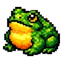Mossy Toadlet cursor: chubby green pixel art toad with an orange and yellow belly and an orange eye, sitting