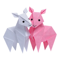 Origami Farm Pair cursor: white origami sheep and pink origami horse nuzzling, folded paper style