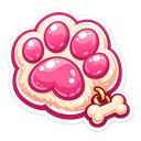 Pawfect Charm cursor: fluffy cream paw with glossy pink pads and a small bone tag on a gold ring, sticker style