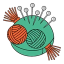 Pin & Yarn Pair cursor: green pincushion with silver pins, orange tassels and orange and green yarn balls, flat sticker style