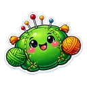 Stitch Buddy Pincushion cursor: smiling green pincushion with coloured pins on top, holding green and orange yarn balls