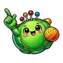 Stitch Buddy Pincushion hover pointer: the same green pincushion with pins, raising a green knitted hand to point up