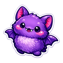 Plush Purple Bat cursor: fluffy round purple bat with pink ears, rosy cheeks, small wings and a cute fanged smile