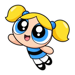 Powerpuff Bubbles cursor: chibi Bubbles with blonde pigtails, sticker style