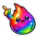 Prism Ember Sprite hover pointer: the same rainbow flame raising a small hand with a finger pointing up-left