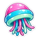 Prism Jelly cursor: glossy jellyfish with pink, blue and mint green bands and matching dangling tentacles