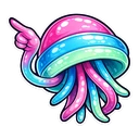 Prism Jelly hover pointer: the same pink, blue and mint jellyfish curling one tentacle into a hand pointing up-left