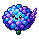 Puff and Spike cursor: pixel art round bloom of blue and purple petals with a smiling face and a lavender spike